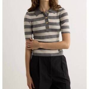 NEW GANNI sparkle rib polo shirt in egret